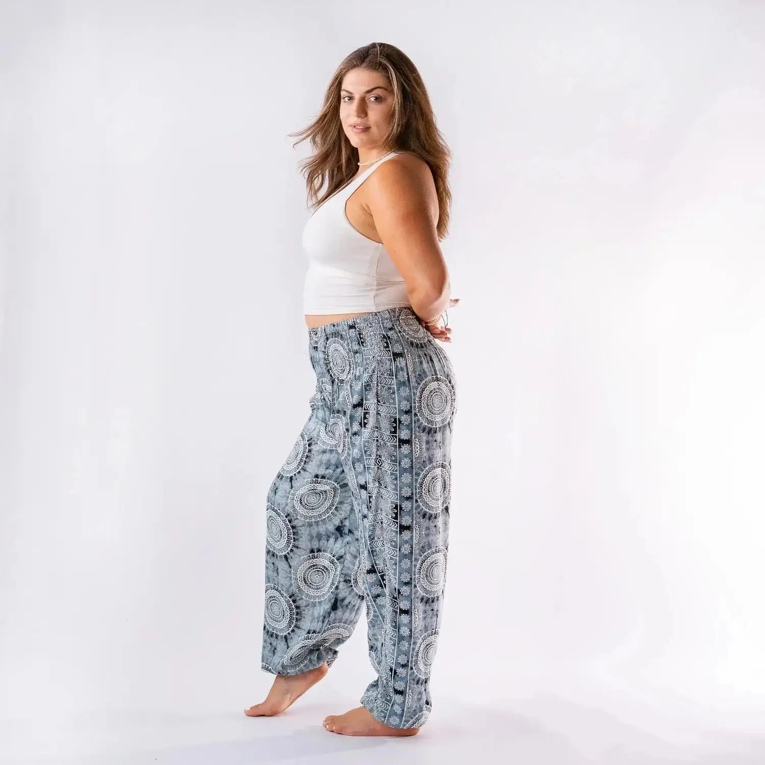 Lotus and Luna Harem Pants  in Santa Barbara Grey & Blue Watercolor