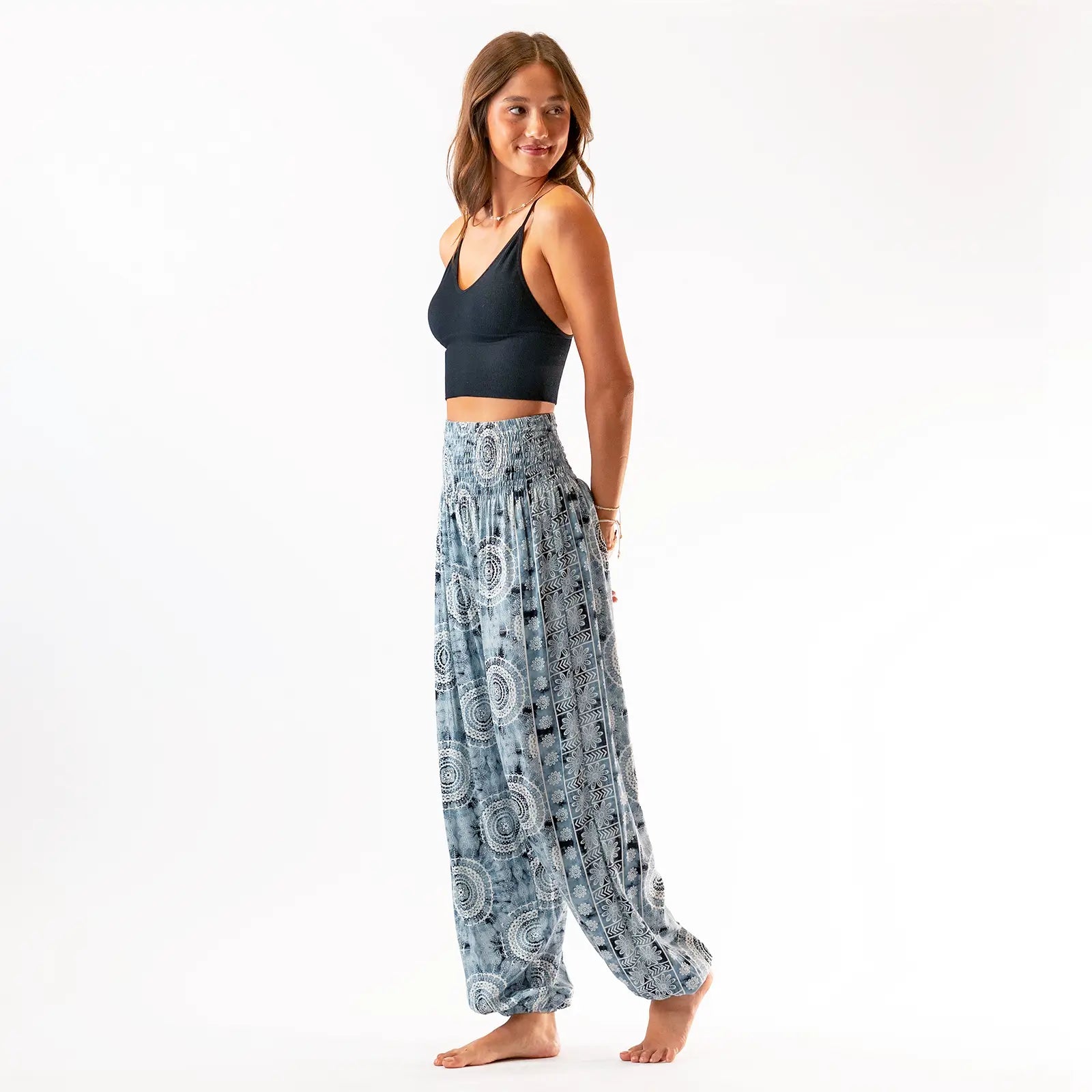 Harem Style Boho Beach Pants in Santa Barbara Watercolor Print 