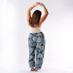 Lotus and Luna Curve Harem Pants in Deep Teal and White Mandala-Back View