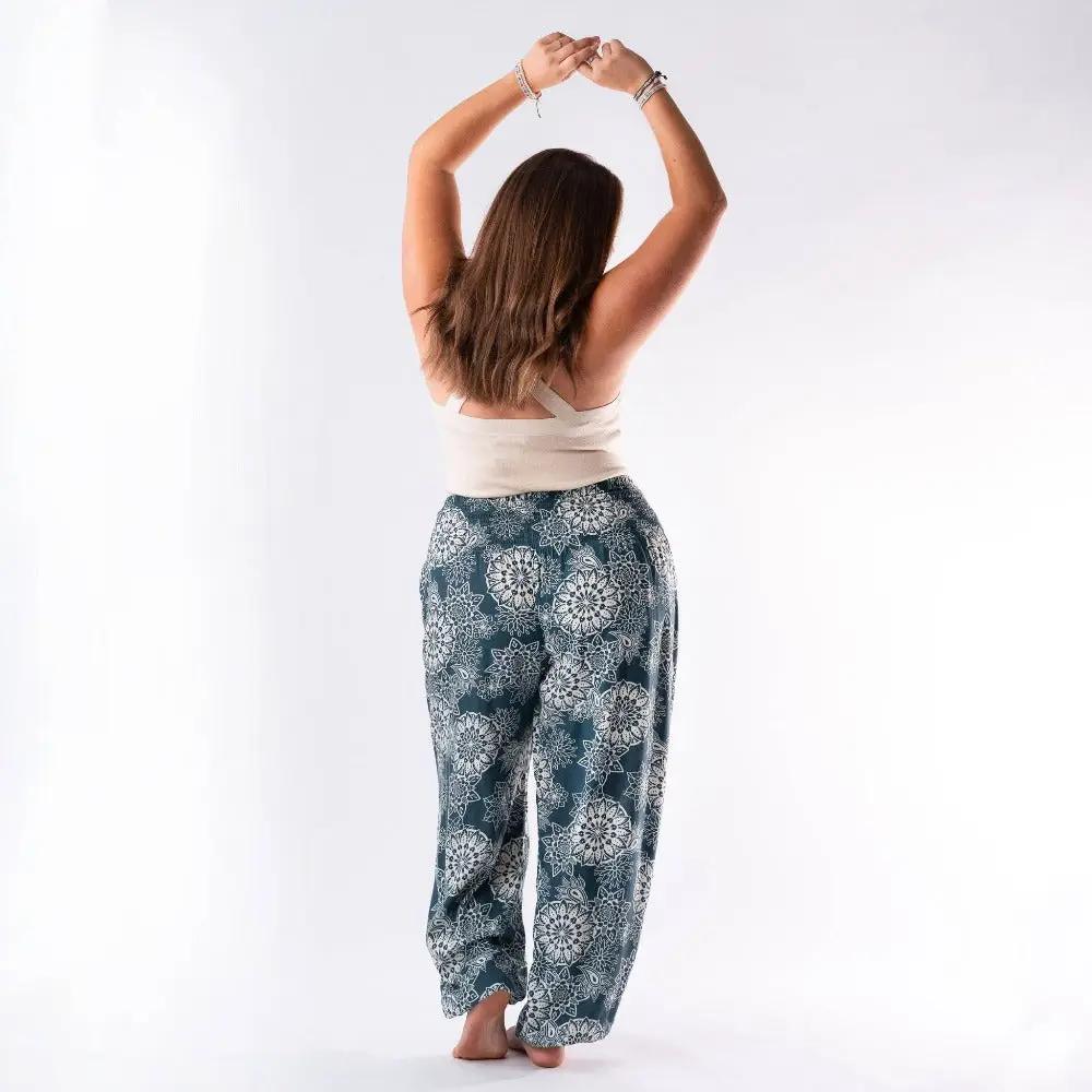 Lotus and Luna Curve Harem Pants in Deep Teal and White Mandala-Back View