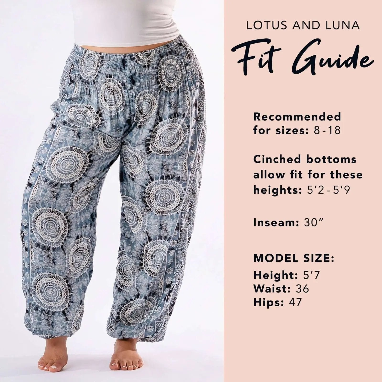 Lotus and Luna Harem Pants Size Chart