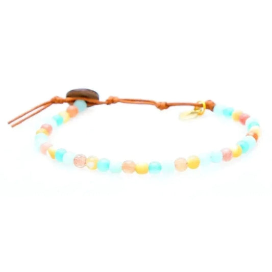 Lotus and Luna Energy and Imagination Bracelet with 4mm round gemstones of orange Sunstone, white Mother of Pearl, green Amazonite and Blue Quartz beads. 
