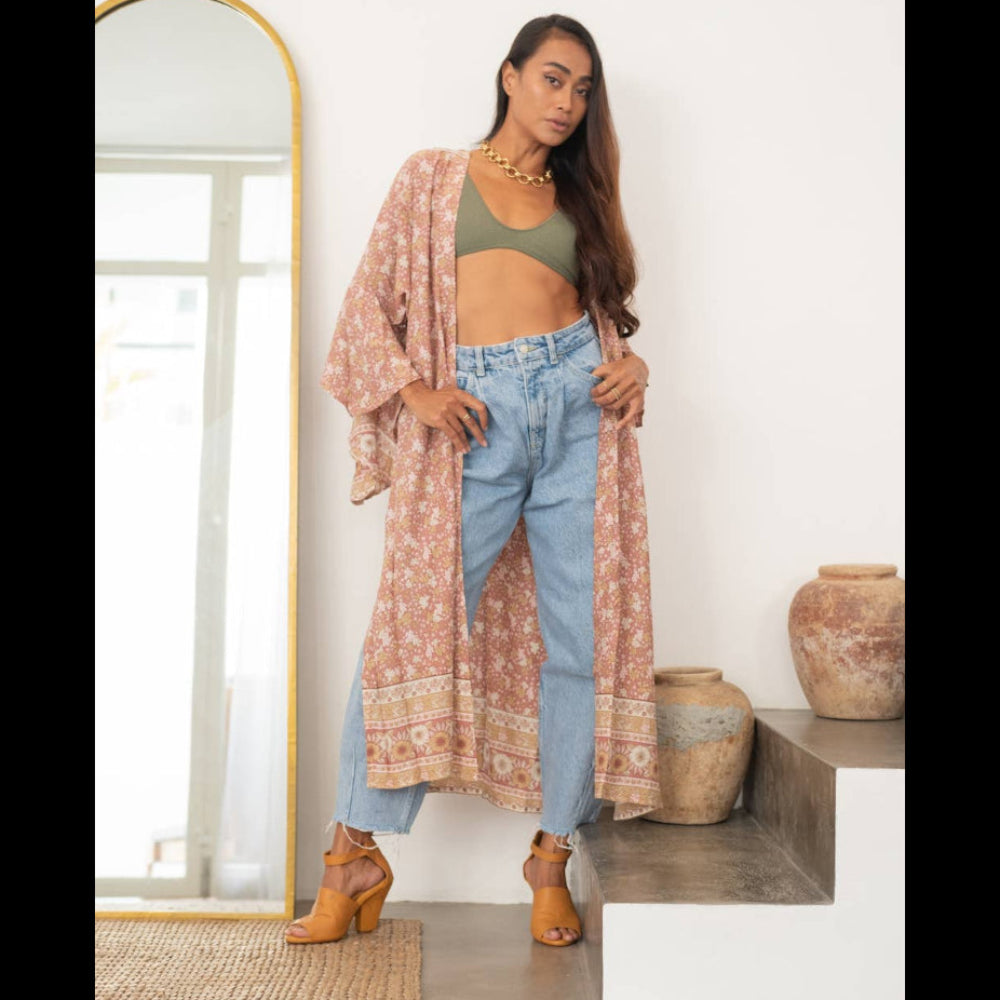 Long Kimono Duster, Mauve Floral Print Long Kimono by The Fox and The Mermaid, Bohemian Clothing at Elle and Willow