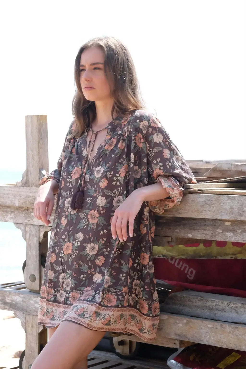 The Fox and The Mermaid - Hati Tunic - Mocha Brown and Pink Floral Print Bohemian Tunic Top & Mini Dress