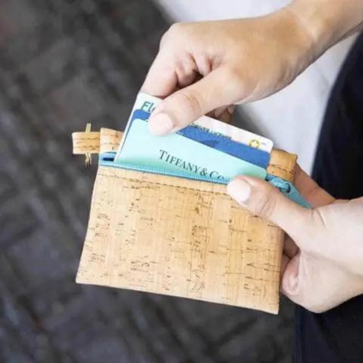 Cork Wallet Keychain Pouch with Zipper and Key Ring Holding Cash and Credit Cards. 