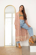 The Fox and the Mermaid |  Long Bohemian Bell Sleeve Kimono | Mauve Floral