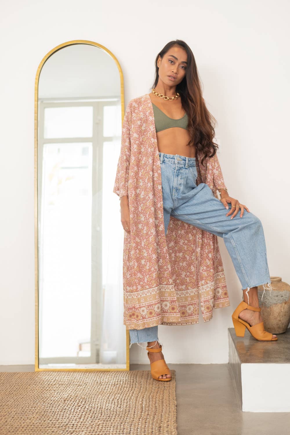 The Fox and the Mermaid |  Long Bohemian Bell Sleeve Kimono | Mauve Floral