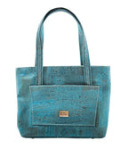 Grace Peacock Blue Cork Handbag tote made from eco-friendly cork with front slip pocket and double handles.