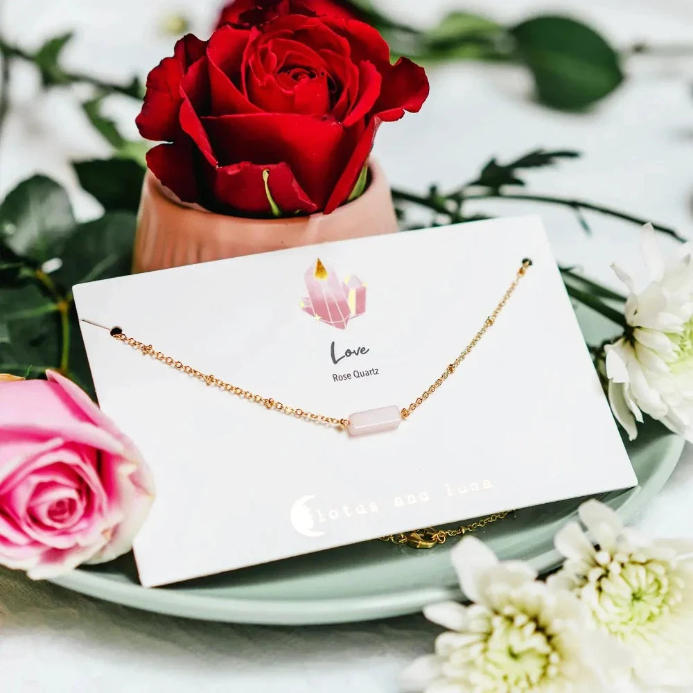 Lotus and Luna Rose Quartz Stone Necklace on Gold Chain