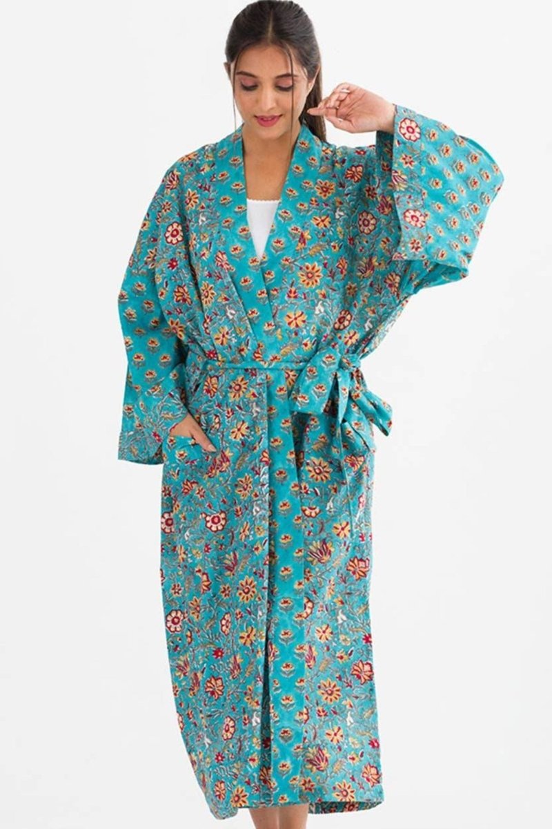 Sangita Block Print Kimono Robe - Turquoise & Gold