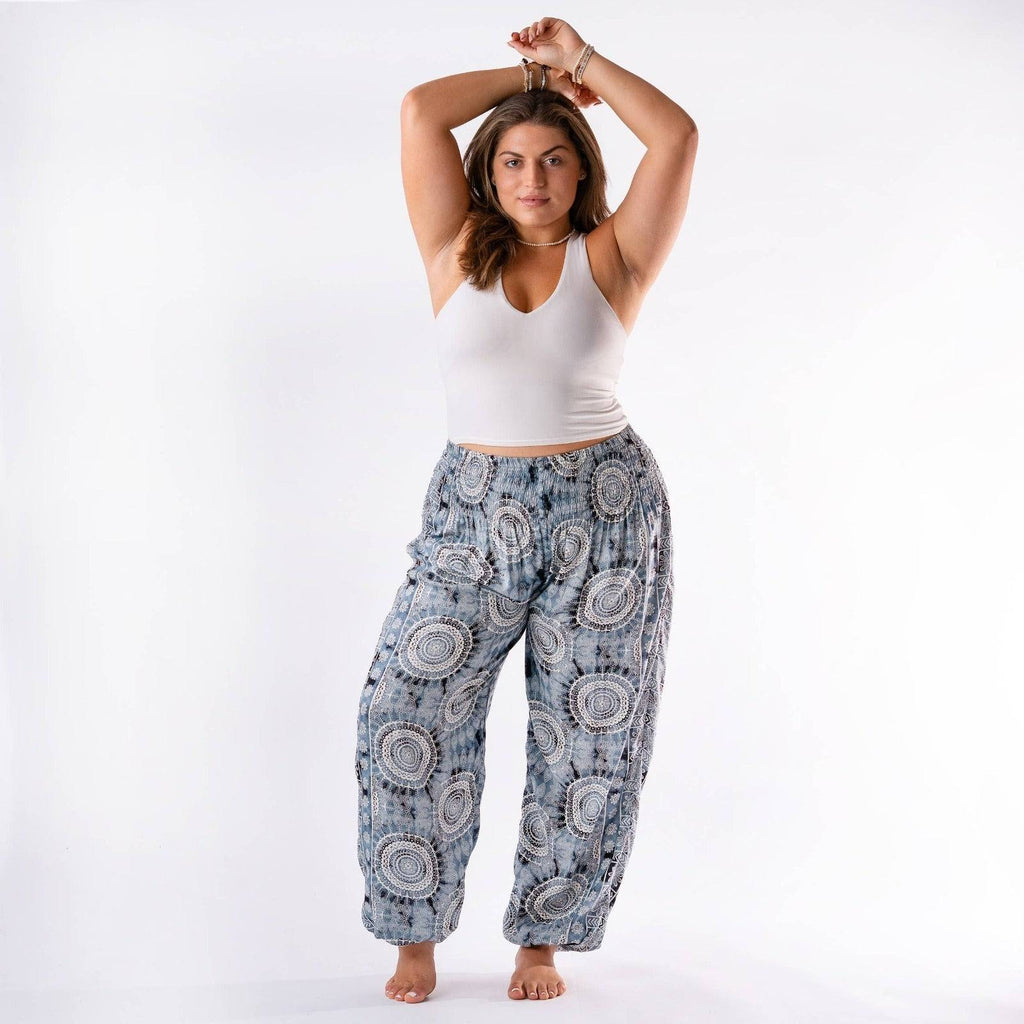 santa barbara boho beach pants featuring a blue and gray watercolor mandala paisley pattern with pull-on waist and harem style leg