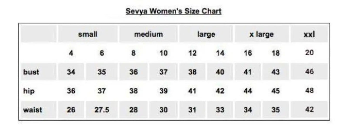 Sevya Handmade Women's clothing size chart.