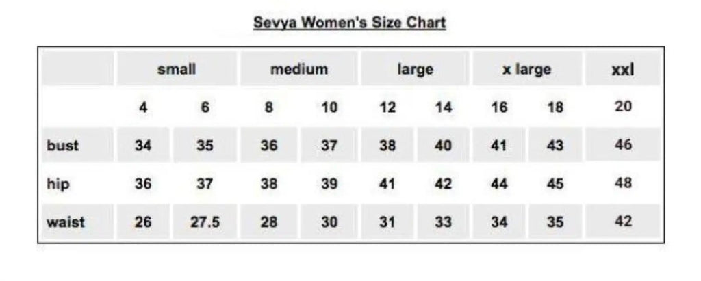 Sevya Handmade Women's clothing size chart.