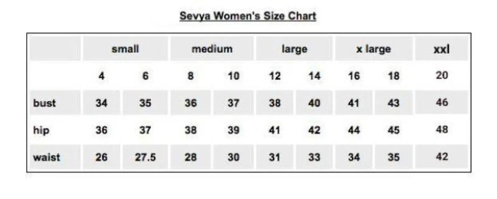 Sevya Handmade Women's clothing size chart.