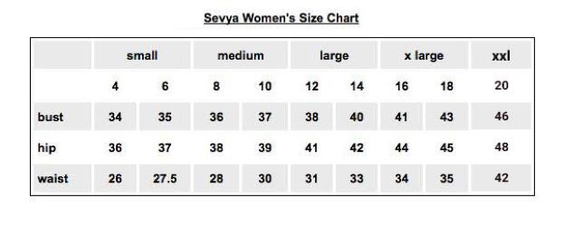 Sevya Handmade Women's Clothing Size Chart