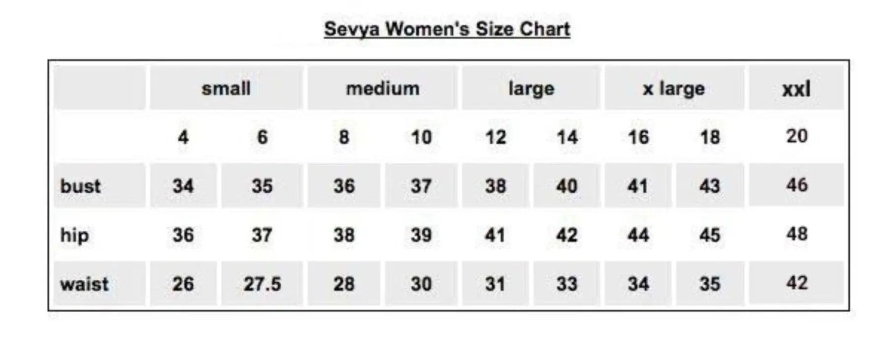 Sevya Women's Clothing Size Chart