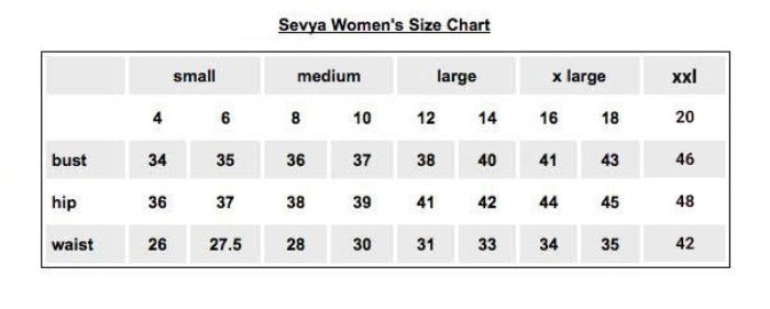 Sevya Womens Clothing Size Chart