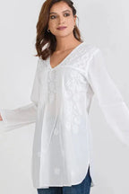 White Tunic Top: Versatile, Elegant & Floral Embroidered, Tunic Top by Sevya Handmade, Bohemian Blouse at Elle and Willow