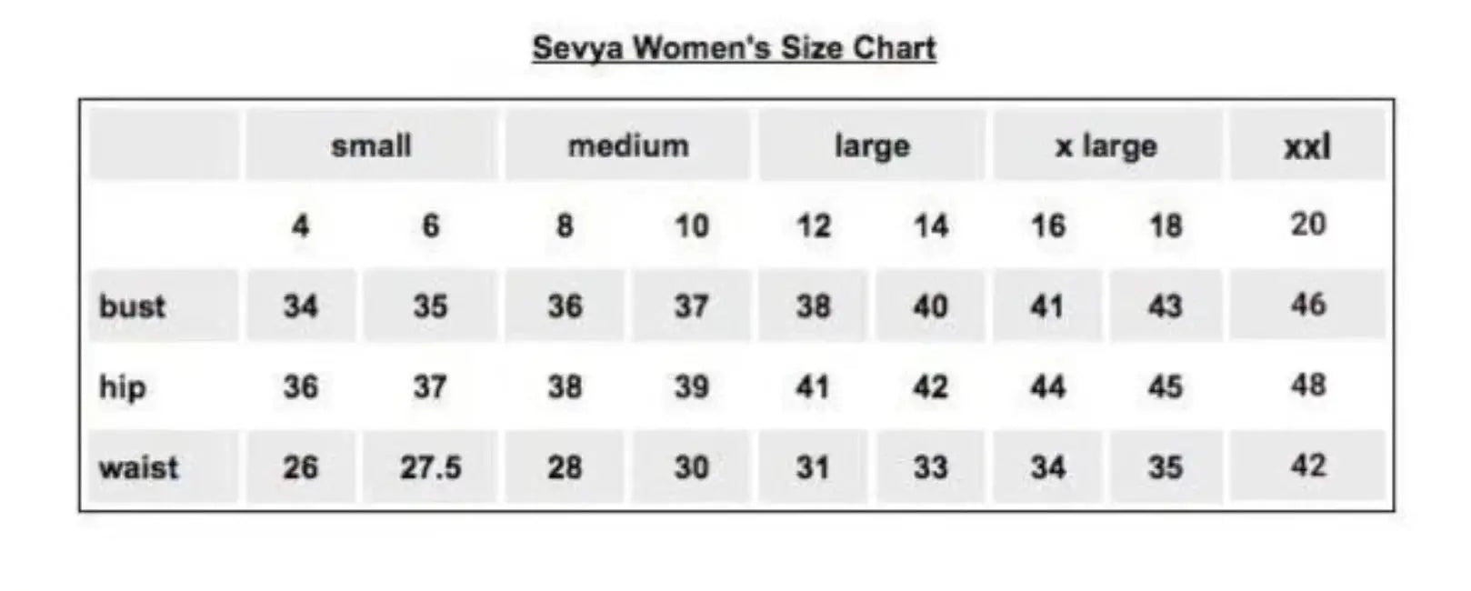 Sevya Handmade - Women's Clothing Size Chart