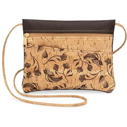 Cork Crossbody Bag With Brown Floral Print on Front Pocket