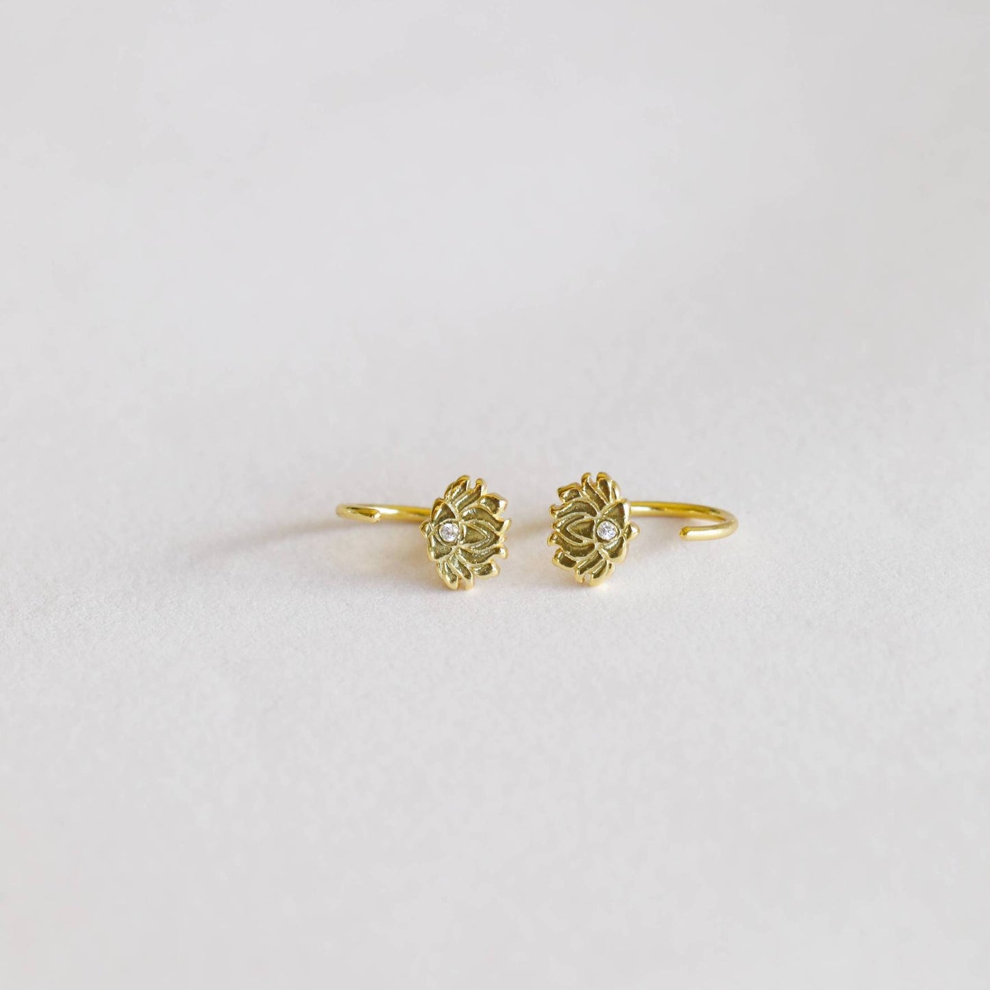 a pair of gold earrings on a white background