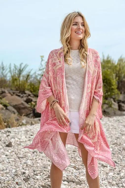 Saachi Woman's One-size Pink Peach Floral Printed Kimono