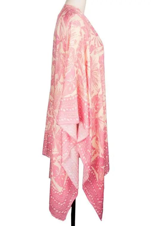 Saachi Woman's One-size Pink Peach Floral Printed Kimono with Asymmetric Hem