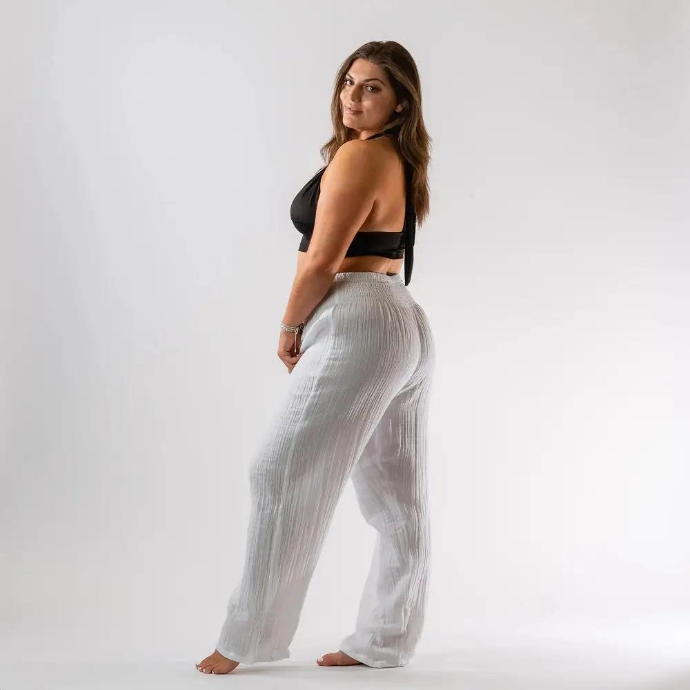 Women's White Cotton Wide Leg Beach and Lounge Pants by Lotus-and-Luna - sideview